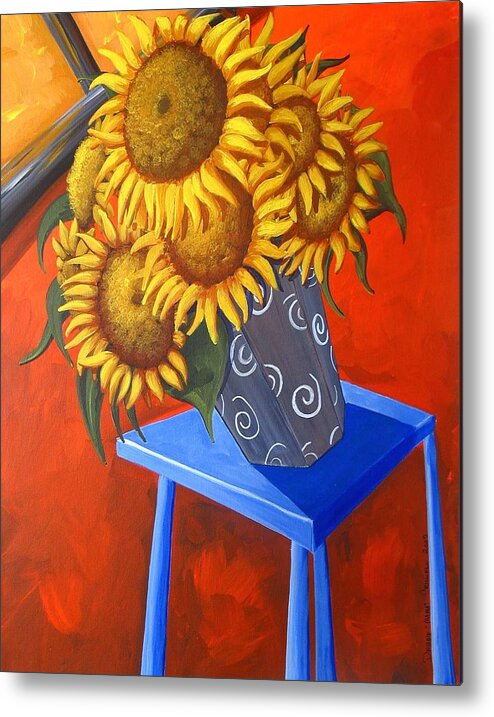Painting Metal Print featuring the painting Sunflowers On Blue Table by Debbie Criswell