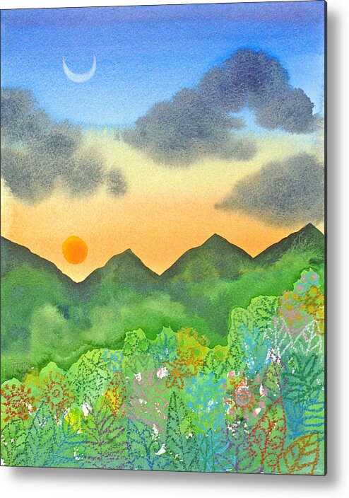 Jungle Forest Mountains Sunset Crescent Moon Tropical Metal Print featuring the painting Sunset over the forest- cloaked mountains by Jennifer Baird