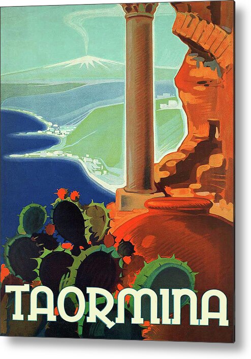 Taormina Metal Print featuring the painting Taormina, Italy, vintage travel poster by Long Shot