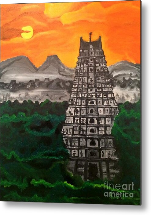 Temple Metal Print featuring the painting Temple near the hills by Brindha Naveen