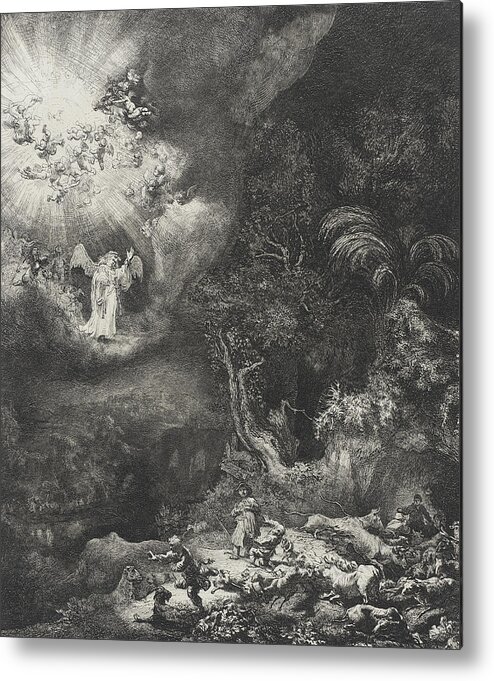 Rembrandt Metal Print featuring the drawing The Angel Appearing to the Shepherds by Rembrandt