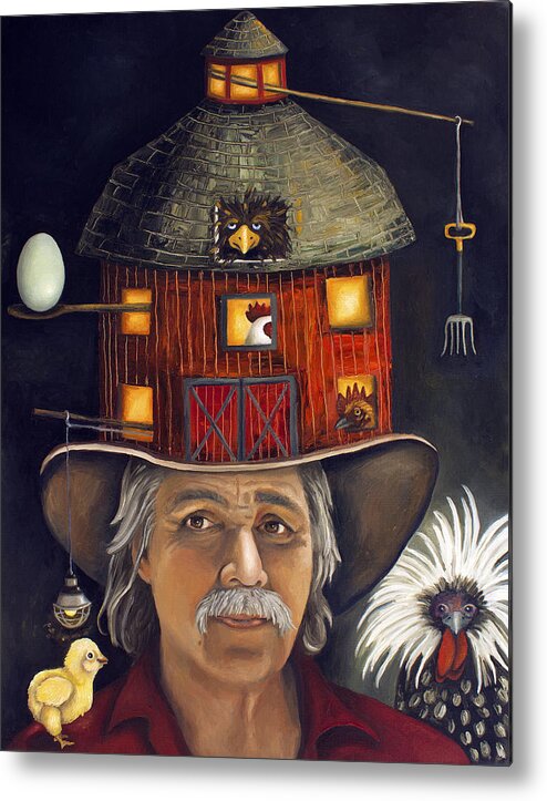 Rooster Metal Print featuring the painting The Farmer by Leah Saulnier The Painting Maniac