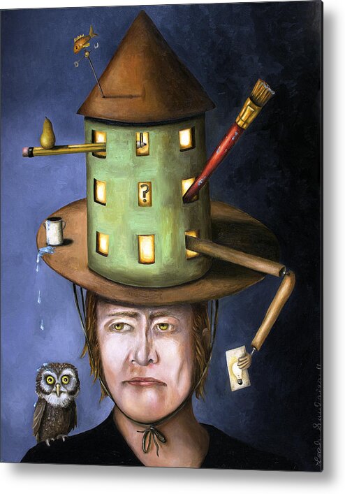 Owl Metal Print featuring the painting The Thinking Cap by Leah Saulnier The Painting Maniac
