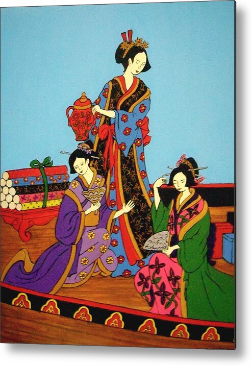 Geishas Metal Print featuring the painting Three Geishas by Stephanie Moore