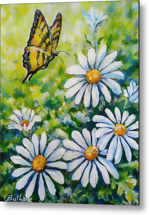 Butterfly Daisy Flower Metal Print featuring the painting Tiger and Daisies by Gail Butler