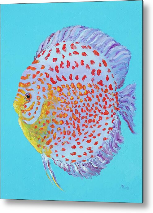 Fish Metal Print featuring the painting Tropical Discus fish with red spots by Jan Matson