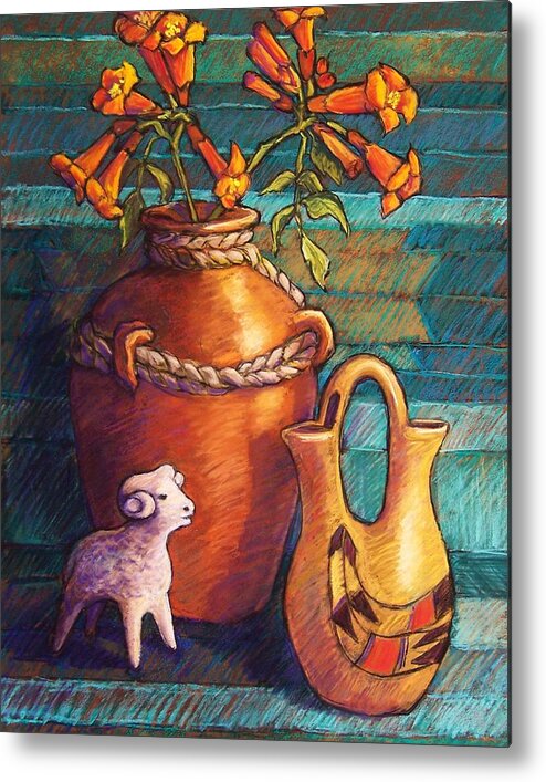 Still Life Metal Print featuring the pastel Trumpet Vines and Pottery by Candy Mayer