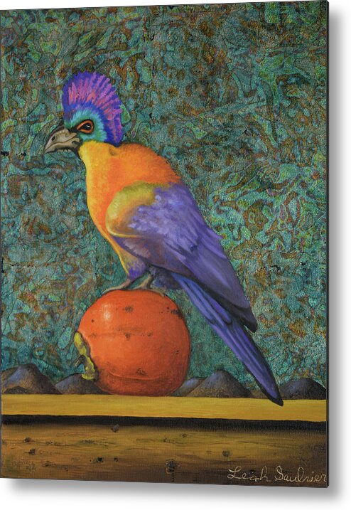 Turaco Metal Print featuring the painting Turaco On A Persimmon by Leah Saulnier The Painting Maniac