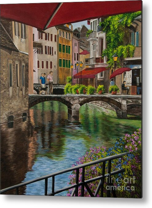 Annecy France Art Metal Print featuring the painting Under the Umbrella in Annecy by Charlotte Blanchard