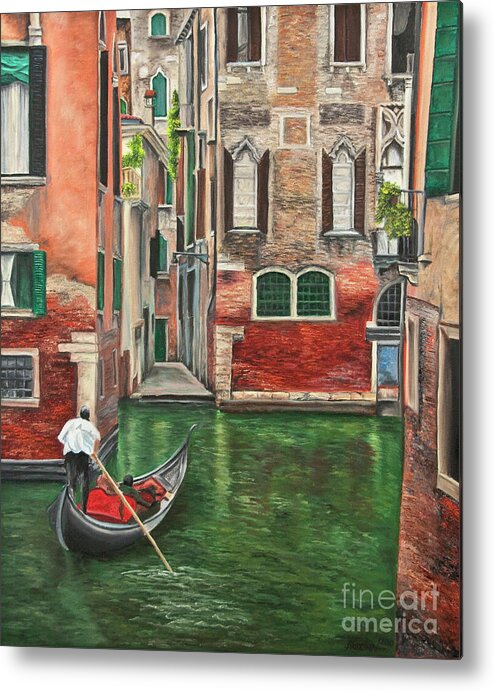 Venice Paintings Metal Print featuring the painting Water Taxi On Venice Side Canal by Charlotte Blanchard