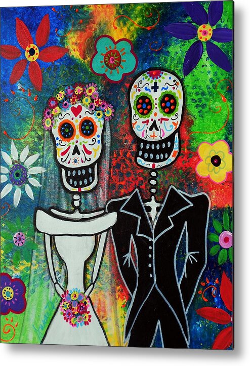 Day Of The Dead Metal Print featuring the painting Wedding Couple Day Of The Dead by Pristine Cartera Turkus