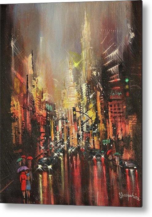City Rain Metal Print featuring the painting Wet Streets by Tom Shropshire