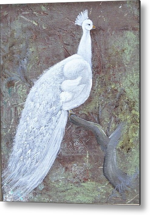 Bird Peacock White Bird Tapestry Tree Metal Print featuring the painting White Peacock by Lynda McDonald