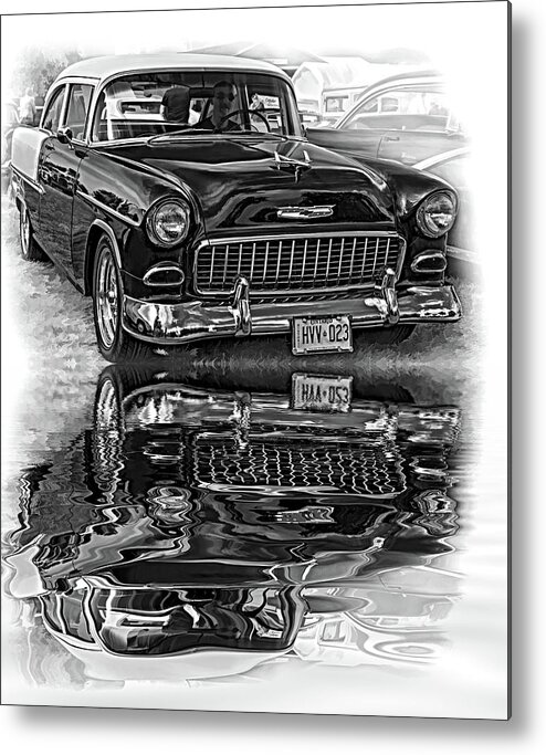 Automotive Metal Print featuring the photograph Wicked 1955 Chevy - Reflection bw by Steve Harrington