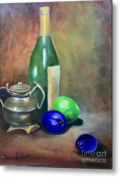 Wine Bottle Metal Print featuring the painting Wine Bottle,Brass and Lemons by Barbara Haviland
