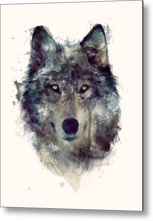 Wolf Portrait Blue Nature Animals Animal Wildlife Wild Wilderness Fauna Forest Woodland Creature Illustration Drawing Painting Art Artwork Amy Hamilton Metal Print featuring the painting Wolf // Persevere by Amy Hamilton