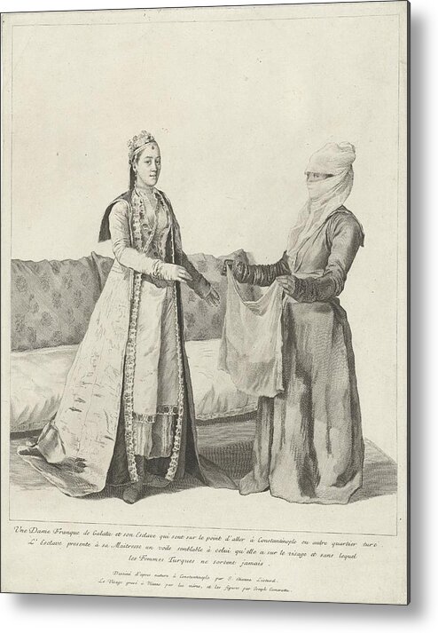 Woman In Galata Gets A Veil Metal Print featuring the painting Woman in Galata gets a veil, Jean-Etienne Liotard, 1745 by Celestial Images