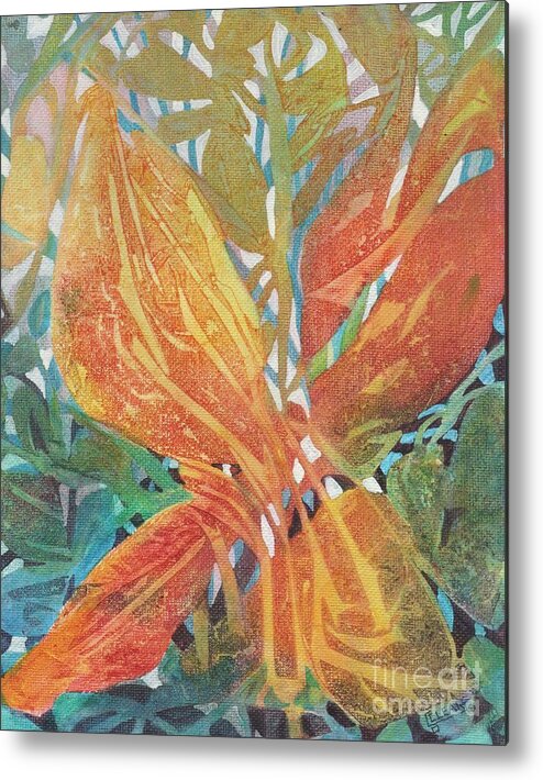 Colorful Imaginary Yellow Butterfly In A Rainbow-colored Make Believe Tropical Garden. This Vibrant Abstract Butterfly Painting Is The Perfect Accent Piece To Brighten Your Room Or Attract Attention When Added To Any Grouping.  Metal Print featuring the painting Yellow Butterfly by Joan Clear