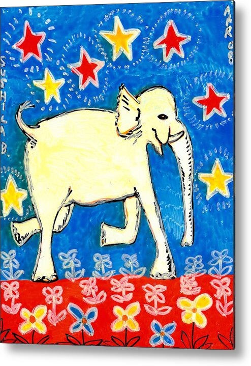 Sue Burgess Metal Print featuring the painting Yellow elephant facing right by Sushila Burgess