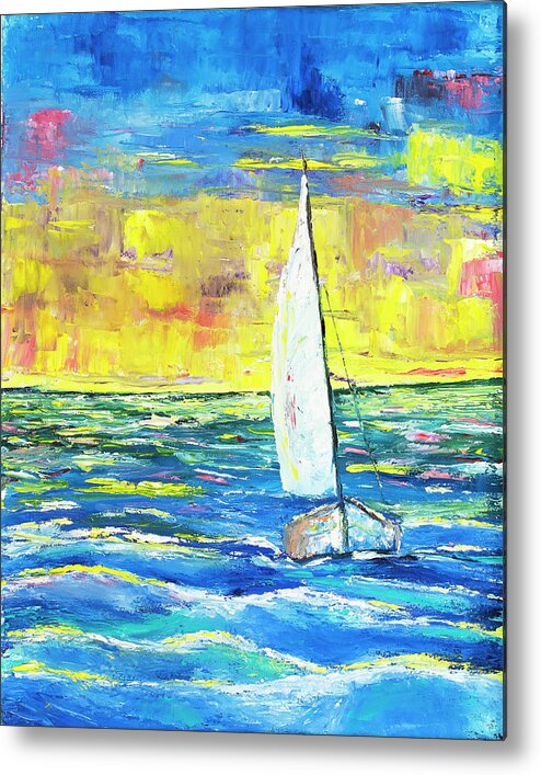 Sail Boat Metal Print featuring the painting Yellow Sunset Sail by Ken Wood