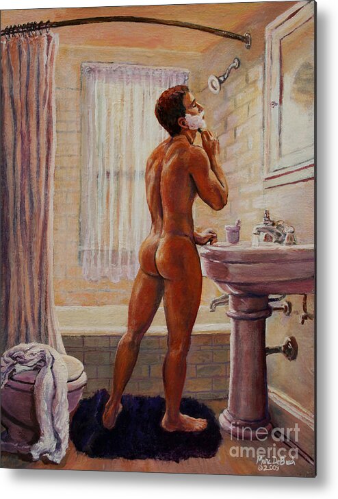 Bathroom Metal Print featuring the painting Young Man Shaving by Marc DeBauch