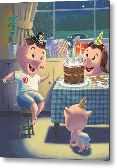 Pig Metal Print featuring the painting Young Pig Birthday Party by Martin Davey