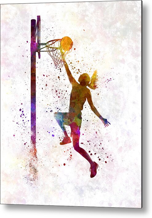 Young Woman Basketball Player In Watercolor Metal Print featuring the painting Young woman basketball player 04 in watercolor by Pablo Romero