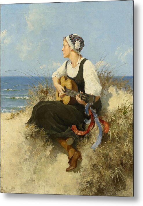 Hermann Seeger 1857 - 1945 Young Woman With Guitar At The Beach Metal Print featuring the painting Young Woman With Guitar At The Beach by Celestial Images