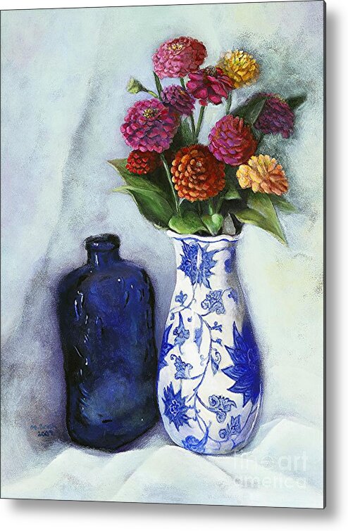 Still Life Metal Print featuring the painting Zinnias with Blue Bottle by Marlene Book