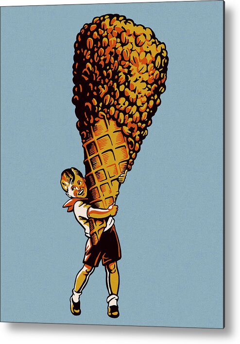 Blue Background Metal Poster featuring the drawing Boy Holding Giant Ice Cream Cone #1 by CSA Images