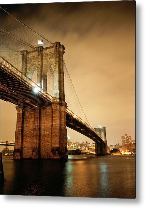 Built Structure Metal Print featuring the photograph Brooklyn Bridge At Night #1 by Silvia Otte