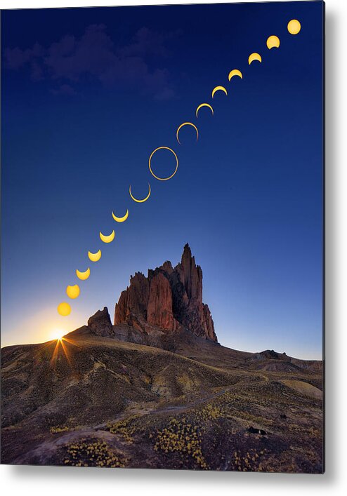 Solar Metal Print featuring the photograph Solar Eclipse Over Shiprock #1 by Michael Zheng