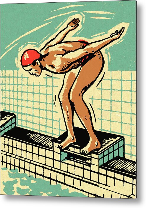 Adult Metal Poster featuring the drawing Swimmer on Diving Platform #1 by CSA Images