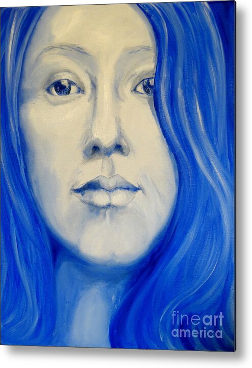 Portrait Mouth Eyes Nose Chin Hair Blue White Yellow Soft Determined Steady Metal Print featuring the painting Alisha by Ida Eriksen