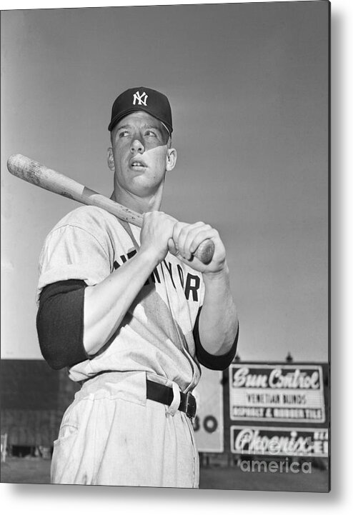 Expertise Metal Print featuring the photograph Mickey Mantle Holding Baseball Bat #2 by Bettmann