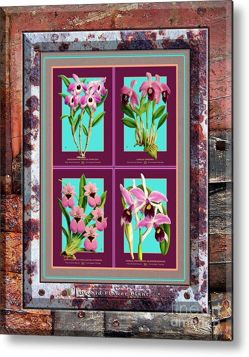 Vintage Metal Print featuring the painting Antique Orchids Quatro on Rusted Metal and Weathered Wood Plank #245 by Baptiste Posters