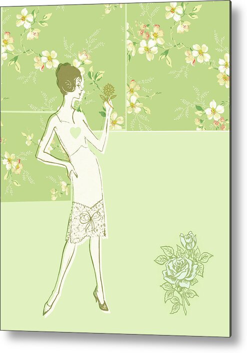 Background Metal Print featuring the drawing Woman with flowers #4 by CSA Images