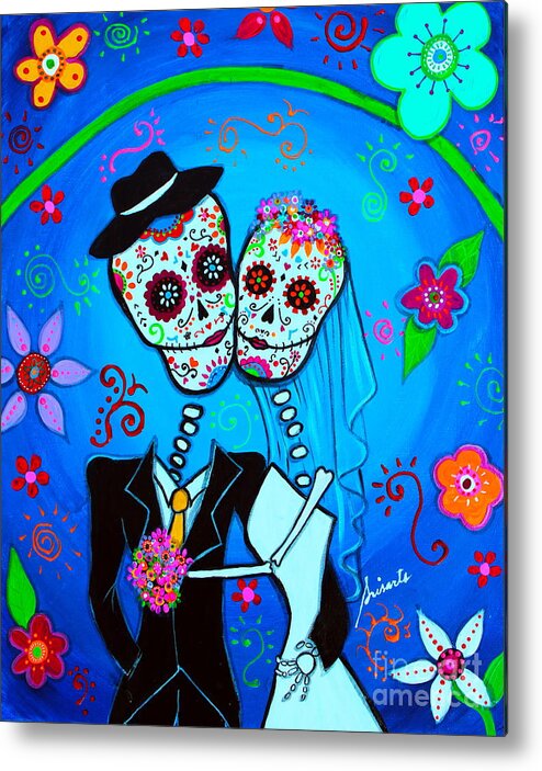 Day Of The Dead Metal Print featuring the painting Wedding Dia De Los Muertos #7 by Pristine Cartera Turkus