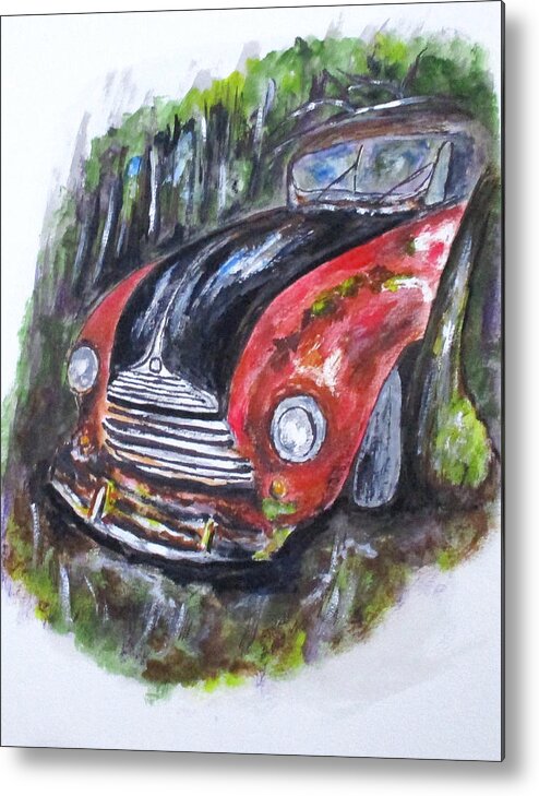 Vintage Cars Metal Print featuring the painting Abandoned in Woods by Clyde J Kell