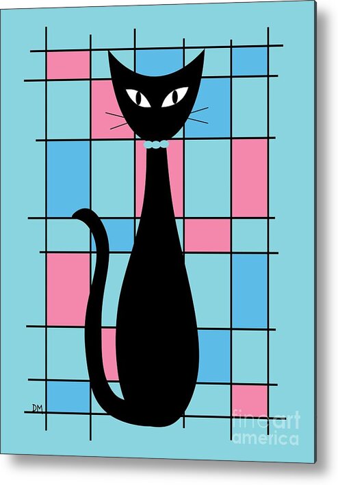 Mid Century Modern Metal Print featuring the digital art Abstract Cat in Blue and Pink by Donna Mibus