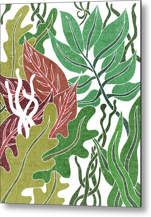 Leaf Metal Print featuring the mixed media Assortment of Leaves 1 - Exotic Boho Leaf Pattern - Colorful, Modern, Tropical Art - Green, Red by Studio Grafiikka