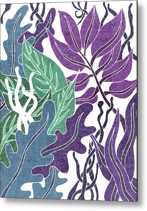 Leaf Metal Print featuring the mixed media Assortment of Leaves 2 - Exotic Boho Leaf Pattern - Colorful, Modern, Tropical Art - Blue, Purple by Studio Grafiikka