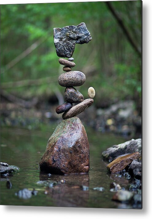 Meditation Zen Yoga Mindfulness Stones Nature Land Art Balancing Sweden Metal Print featuring the sculpture Balancing art #18 by Pontus Jansson