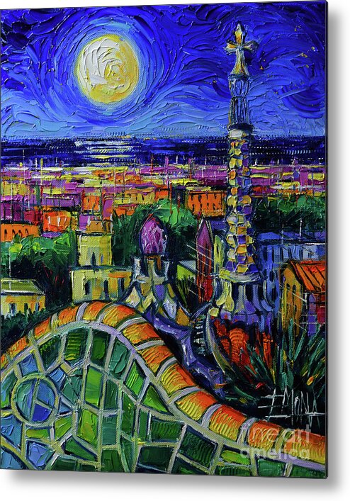 Barcelona Nightscape Metal Print featuring the painting BARCELONA NIGHTSCAPE modern impressionist stylized cityscape oil painting Mona Edulesco by Mona Edulesco
