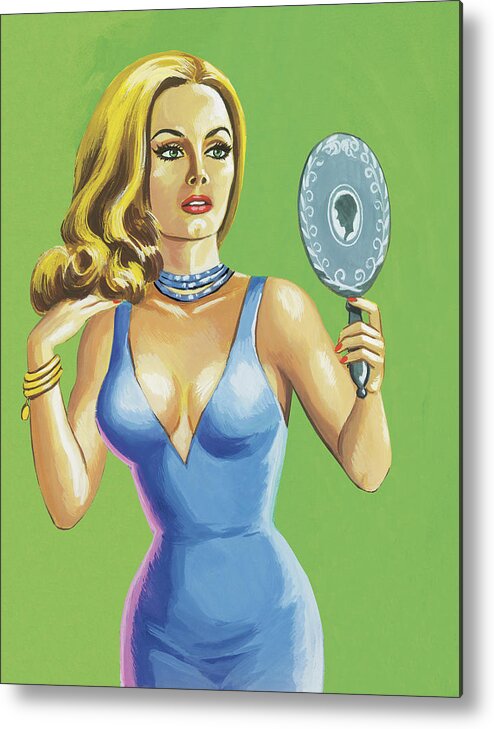 Accessories Metal Print featuring the drawing Blond Woman Looking in a Mirror by CSA Images