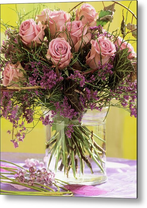 Bouquet Of Roses, Bilberry Foliage And Sea Lavender Metal Print by  Friedrich Strauss - Pixels