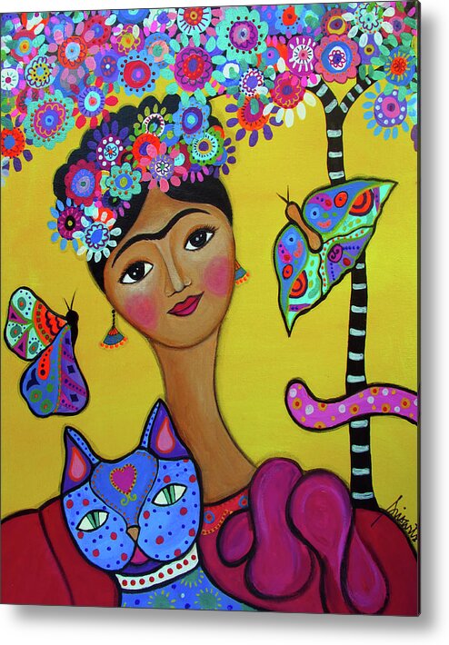 Brigit's Frida And Her Cat Metal Print featuring the painting Brigit's Frida And Her Cat by Prisarts