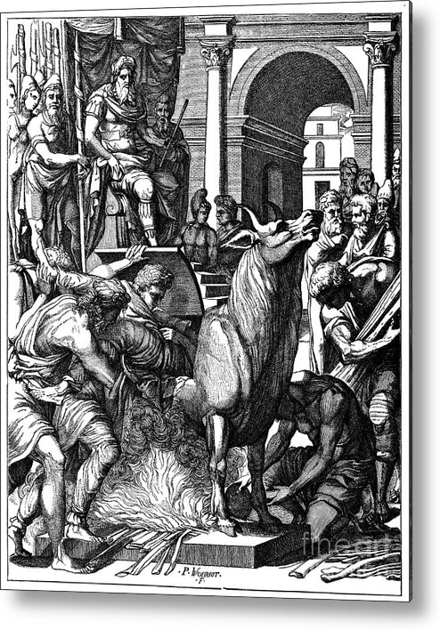Engraving Metal Print featuring the drawing Bull Of Phalaris, Tyrant Of Agrigentum by Print Collector