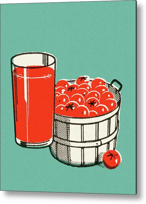 Basket Metal Print featuring the drawing Bushel of Tomatos and Glass of Juice by CSA Images