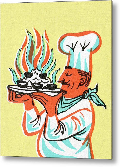 Accessories Metal Poster featuring the drawing Chef Holding Flaming Platter by CSA Images